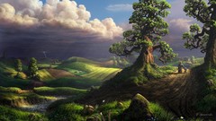 Sea nature Trees clouds rain ocean dark Green storm 3d digital 