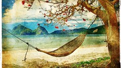 Sea nature Trees foliage hammock old photo vintage fantasy art