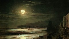 Sea night clouds moon Boats Beaches