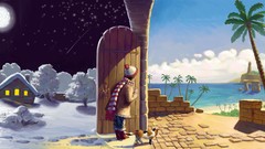 Sea night moon cats children Beaches houses footprint skies 