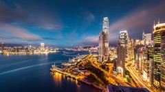 Sea night water clouds lights Skyscrapers Hong Kong cities 