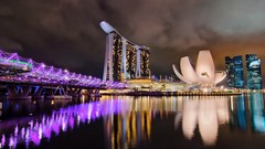 Sea night water lights Skyscrapers Singapore Bridges 