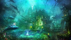Sea ocean fish Dolphins underwater Sharks Temples artwork 