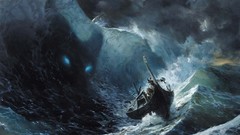 Sea ocean storm Boats Monsters paintings Warriors waves sailing 