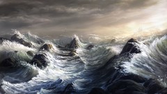 Sea ocean storm waves artwork lighthouses Fel-X