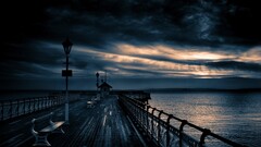 Sea pier clouds dark sky outdoors water bench
