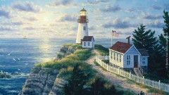Sea rocks houses artwork lighthouses skyscapes
