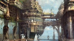 Sea ships buildings cityscapes artwork digital art