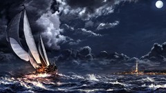 Sea ships cities artwork