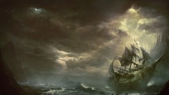 Sea ships rocks artwork fantasy art