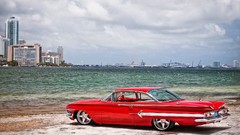 Sea Skyscrapers cars Beaches chevrolet impala red cars