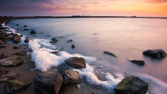Sea stones sky foam dawn morning Beaches awakening