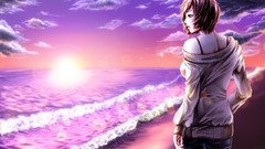 Sea sun Beaches waves anime girls vocaloid meiko