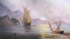 Sea sun dawn ships Boats paintings sail Crimea the sun Miliukov 
