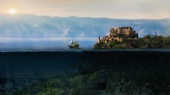 Sea sun Mountains underwater Castles artwork digital art 