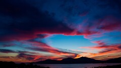 Sea sunset blue clouds Mountains colorful Lake night landscape