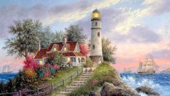 Sea Trees tower Oceans houses artwork lighthouses