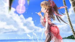 Sea Trees water clouds palm trees bows long hair lens flare 