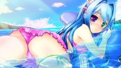 Sea water ass blush blue hair long hair anime girls braids 