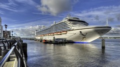 Sea water blue clouds ships cities