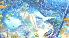 Sea water bubbles fish Anime underwater long hair barefoot 