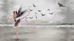 Sea water clouds Birds wings hats red eyes shirts belts skirts 