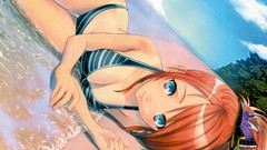 Sea water clouds blue eyes brunettes ponytails lying down ecchi 