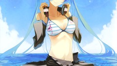 Sea water clouds headphones navel outdoors skirts blue hair 