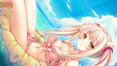 Sea water clouds navel bows blondes blush long hair anime girls 