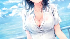 Sea water clouds text fences shirts anime girls brown eyes 