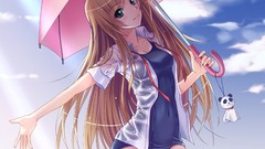 Sea water clouds Umbrellas wet Ribbons blondes long hair anime 