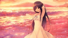 Sea water Mountains dress Ribbons long hair anime girls brown 