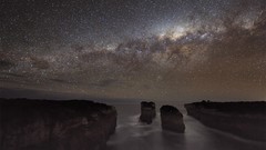 Sea water Stars ocean coast Milky Way cliffs rocks galaxies 