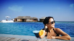 Sea water sun blue woman orange asians smiling models bikini