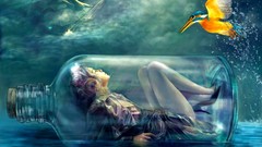 Sea water woman bottles kingfisher artwork fantasy art