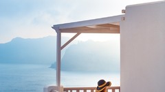 Sea water woman Greece santorini balcony hats