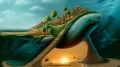 Sea Whales underwater caves surreal digital art stairways towns