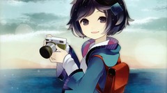 Sea woman Cameras bokeh smiling short hair black hair black 