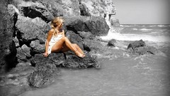 Sea woman colors rocks monochrome blondes models