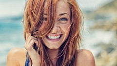 Sea woman dress legs long hair blue eyes brunettes freckles 