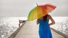 Sea woman dress Umbrellas piers blue dress