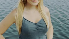 Sea woman jeans blondes smiling green eyes teen