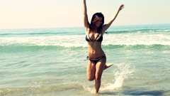 Sea woman running brunettes bikini arms raised Shay Maria