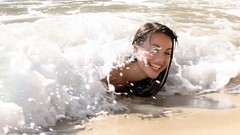 Sea woman wet Beaches waves smiling brunettes models lorena 