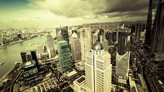 Shanghai China cityscape building clouds river Asia