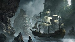 Ships bay abandoned rocks sails water body illustrations 