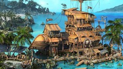 Ships Islands pirates bar Sharks Jolly Roger palm trees 