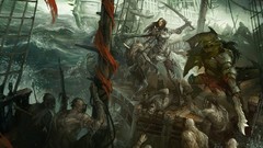 Ships Monsters fight pirates paintings Warriors artwork fantasy 