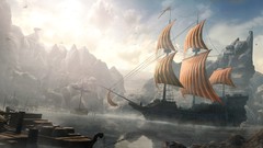 Ships port Harbor mist sails artwork fantasy art