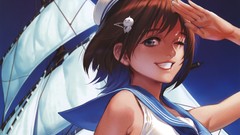 Ships smiling anime girls brunettes short hair artwork Midori 